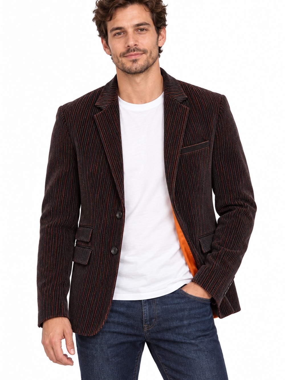 Ben Sherman Corduroy Blazer Men’s 42 C-S Charcoal Orange Lined Sport Coat